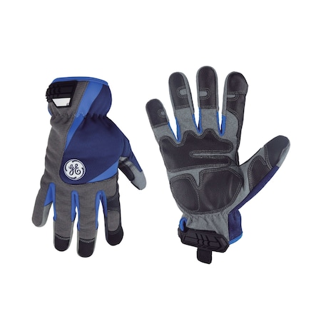 Ge Mechanics Gloves, Synthetic Leather Palm, Hook and Loop Cuff, Gray, Blue GG411MC